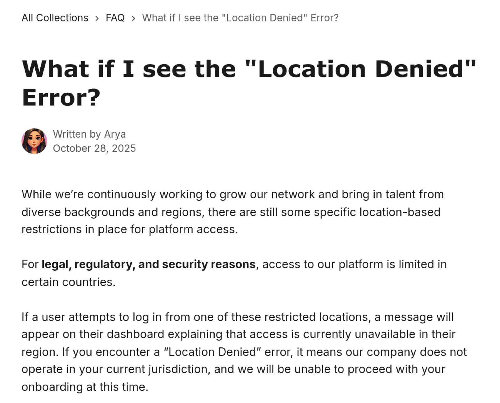 Alignerr help centre article explaining the Location Denied error without naming the blocked countries