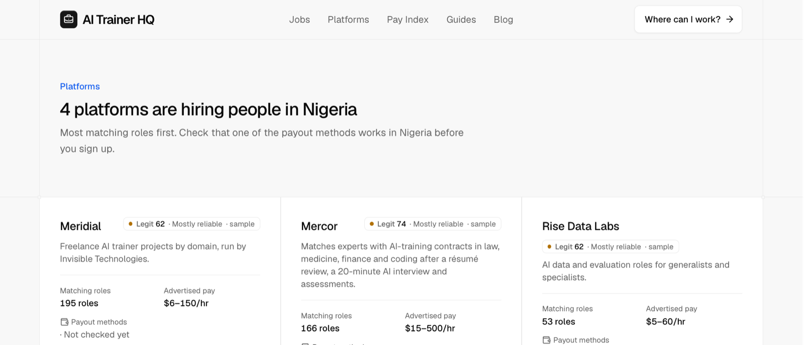 AI Trainer HQ eligibility checker showing the platforms hiring people in Nigeria and their matching roles