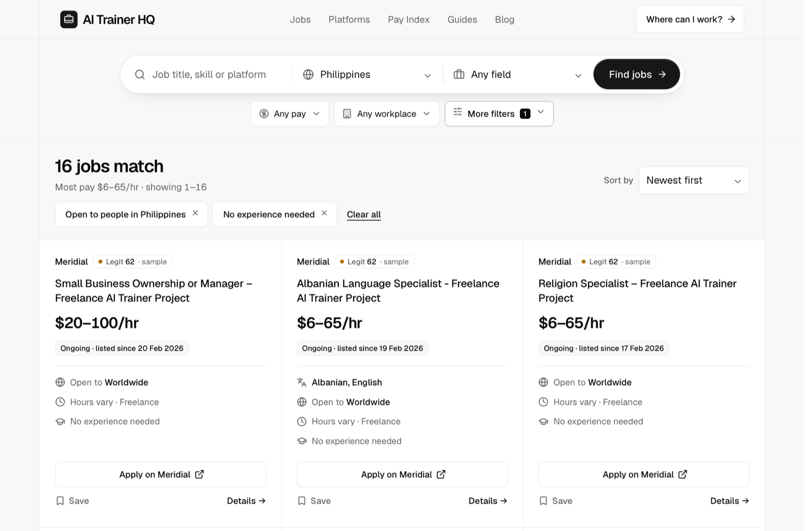 AI Trainer HQ job board filtered to entry-level jobs open to people in the Philippines, showing 16 matches