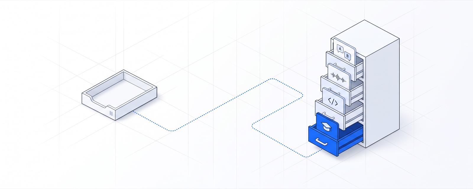 Flat 3D illustration on a blueprint grid: an empty task tray with a pause symbol, a dotted blue route to a filing cabinet whose open drawers hold rating, voice, code and expert task cards, the expert drawer in blue