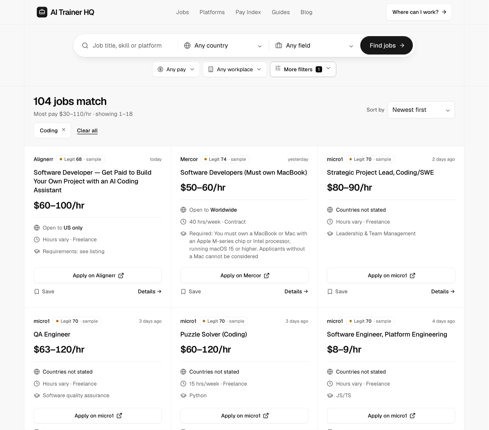 AI Trainer HQ job board filtered to coding jobs, showing 104 matches, the Coding filter chip and the first job cards with pay and who can apply
