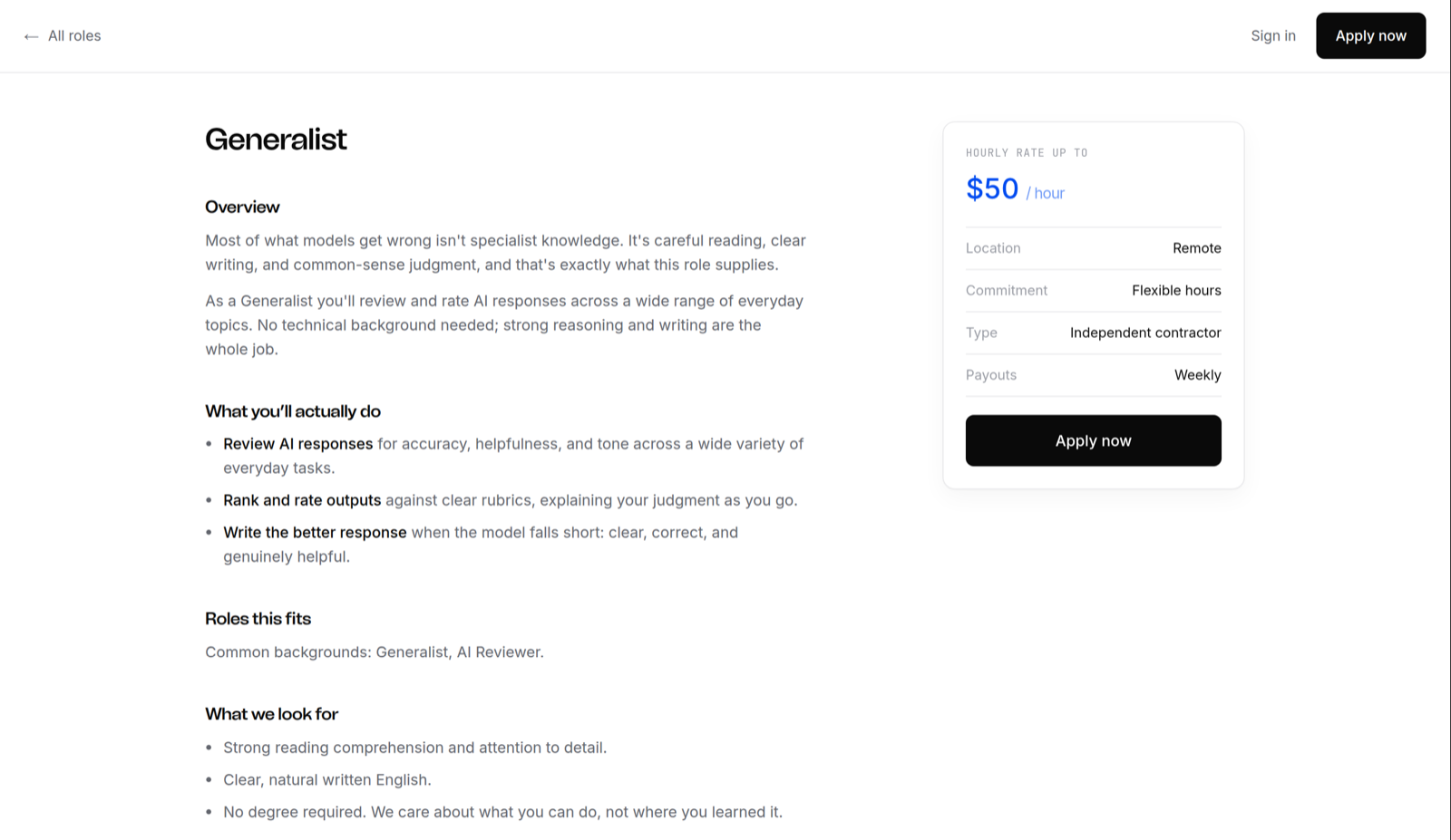 DataAnnotation's public Generalist job page showing an hourly rate up to $50, a remote location and the line No degree required