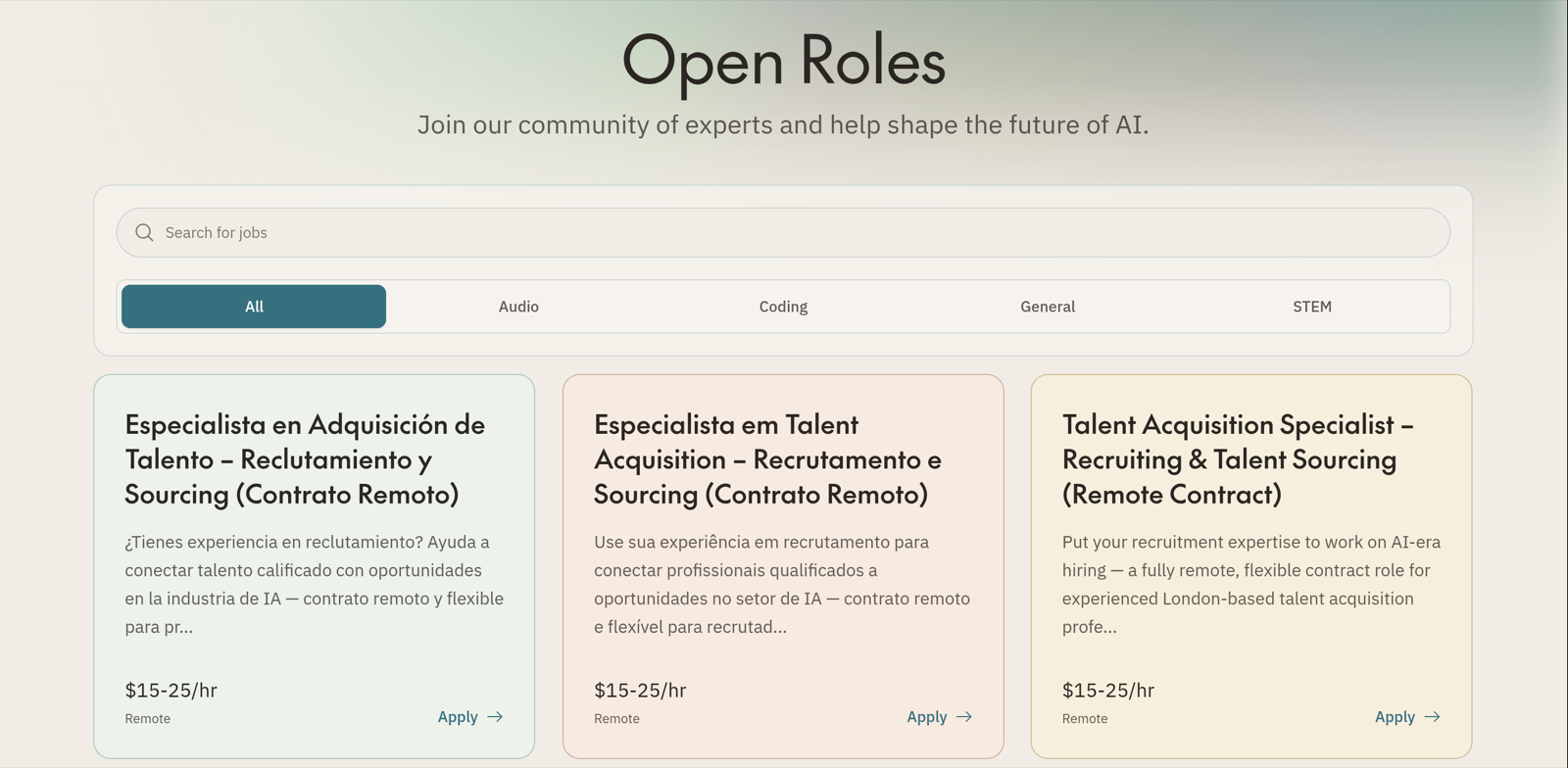 Alignerr's public Open Roles page listing roles with hourly rates and Apply links before sign-up