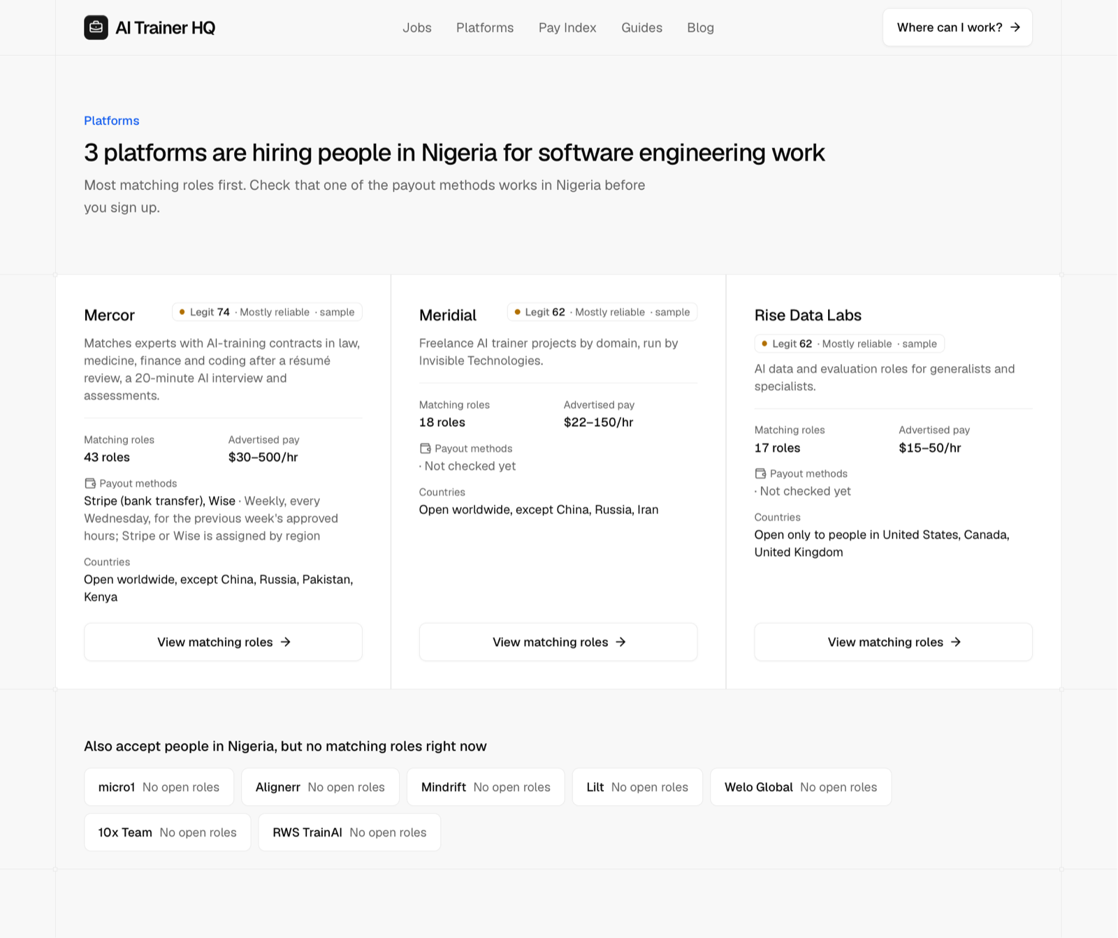 AI Trainer HQ eligibility checker for Nigeria and software engineering, listing Mercor, Meridial and Rise Data Labs as hiring