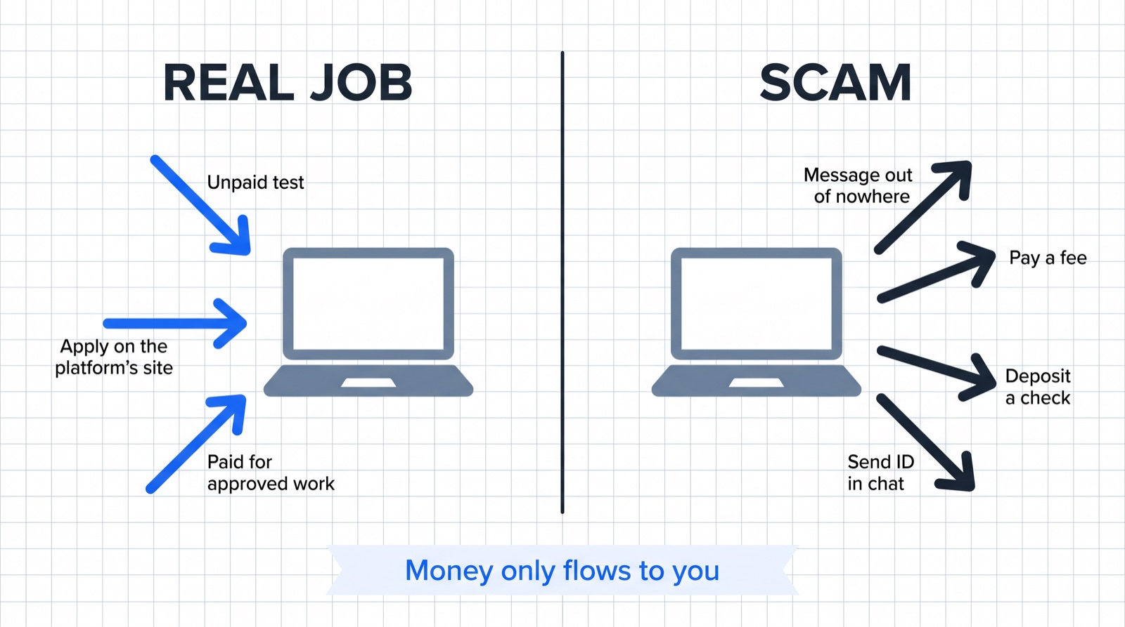 Diagram comparing a real AI training job, where money flows to the worker, with a scam, where fees, deposits and ID flow out