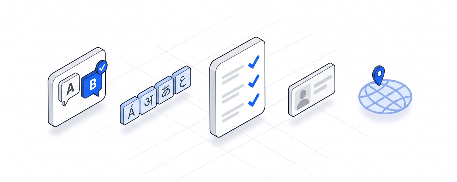 Flat 3D illustration of AI-training work on a blueprint grid: an A/B answer rating card, language tiles, a checklist with three ticks, an ID card and a globe with a location pin