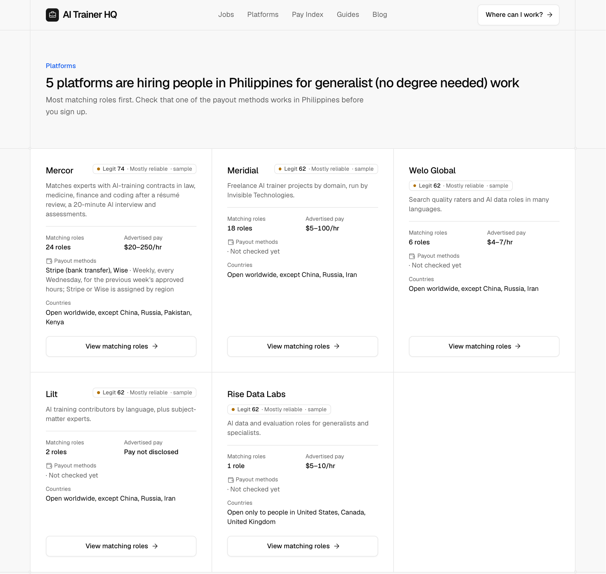 Eligibility checker: platforms hiring generalists in the Philippines