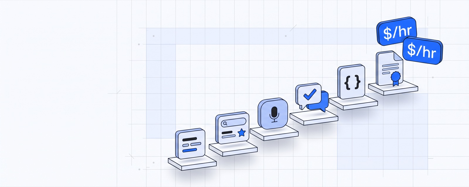 Blueprint-style illustration of AI training tasks (data tiles, a search card, a microphone, chat bubbles, code and an expert document) climbing like stairs toward hourly pay tags